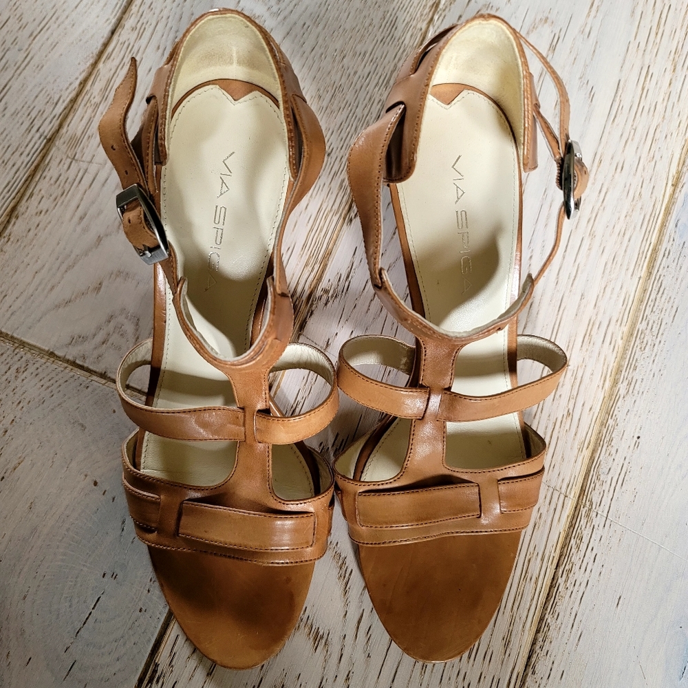 🐿 VIA SPIGA Hilda Cognac Leather Wood Heeled Italian Made Sandals 7 - Picture 7 of 7